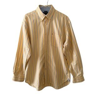 Tommy Hilfiger Men's Yellow and Blue Striped Shirt Size Medium Button Up Cotton